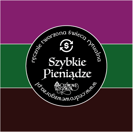 Kolory świecy Triada „Szybkie Pieniądze” (Fast Money Candle) – bordowy, zielony, brązowy – symbolizujące przyciąganie gotówki, wzrost finansowy i trwałość materialną