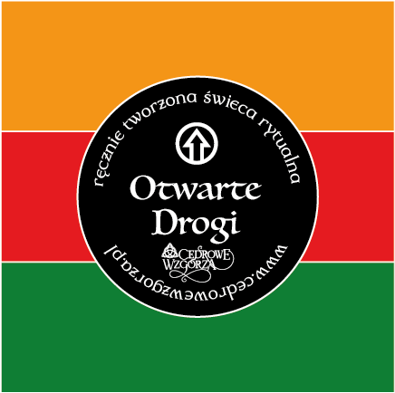 Kolory świecy Triada „Otwarte Drogi” (Open Roads Candle) – pomarańczowy, czerwony, zielony – symbolizujące przebijanie barier, determinację i rozwój