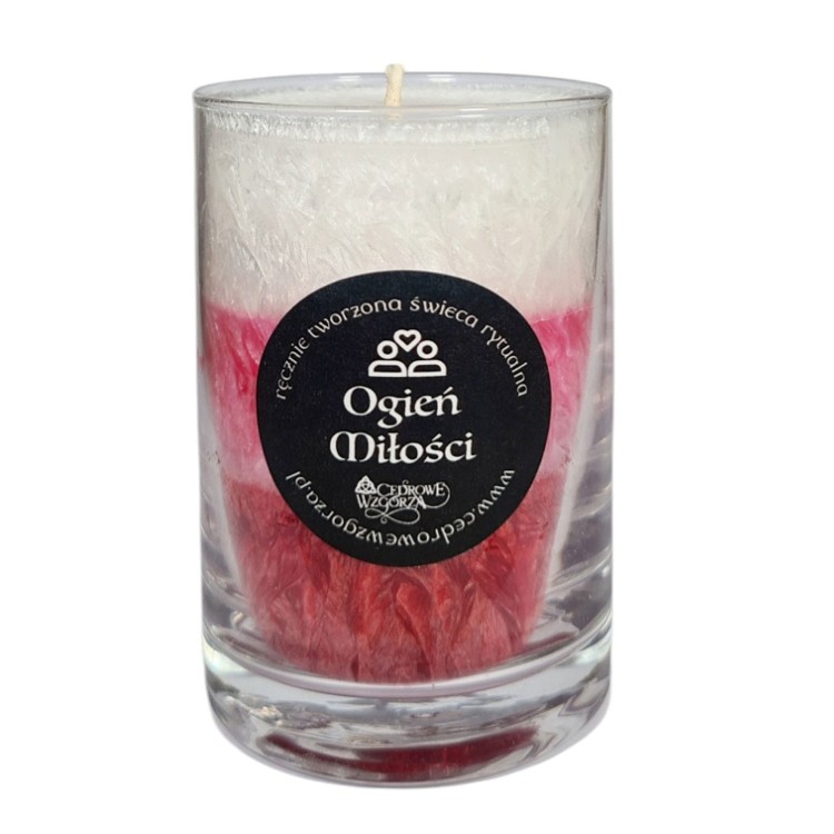 Świeca Triada „Ogień Miłości” (Flame of Love Candle) – Cedrowe Wzgórza – naturalny wosk roślinny, ręczne wykonanie, przyciąganie miłości, namiętność, wzmocnienie więzi