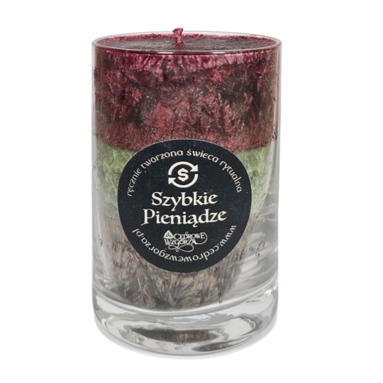 Świeca Triada „Szybkie Pieniądze” (Fast Money Candle) – Cedrowe Wzgórza – naturalny wosk roślinny, ręczne wykonanie, przyciąganie pieniędzy, obfitość, stabilizacja finansowa