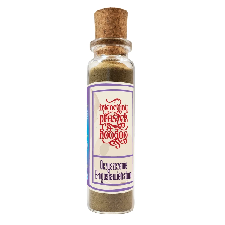 Intencyjny proszek hoodoo Oczyszczenie i Błogosławieństwo, Cleansing and Blessing, szklana fiolka z korkiem.