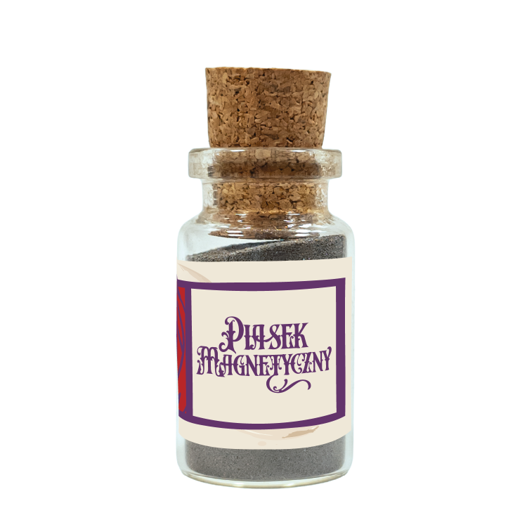 Piasek Magnetyczny – Magnetic Sand – do przyciągania, „karmienia” magnetytów (lodestone) i wzmacniania pracy na pieniądze, miłość oraz powodzenie w szklanej fiolce z korkiem. Cedrowe Wzgórza