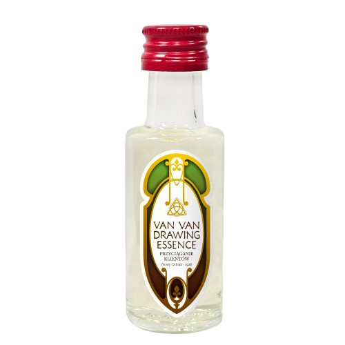 Esencja Van Van – Przyciąganie klientów, 20 ml. Szklana buteleczka z czerwoną zakrętką i zieloną etykietą. Cedrowe Wzgórza.