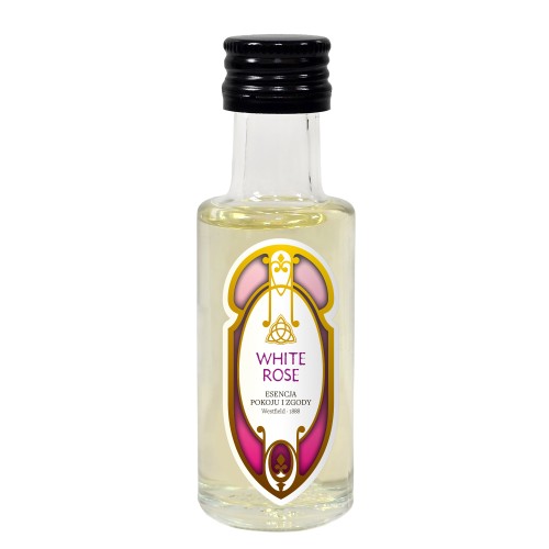 Biała Róża (White Rose) – Esencja Pokoju i Zgody, 20 ml. Szklana buteleczka z czarną zakrętką i różową etykietą. Cedrowe Wzgórza.